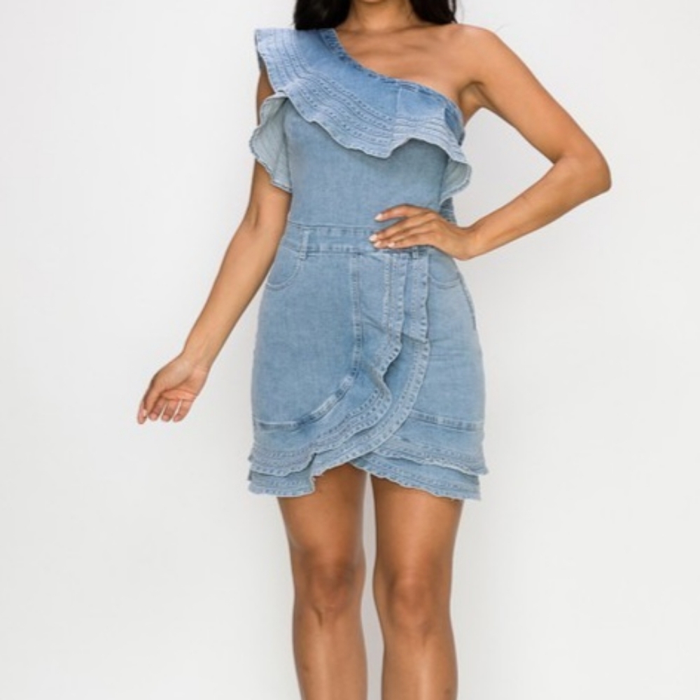 One Shoulder Ruffle Trim Stretchy Denim Dress